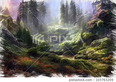 Oil painting landscape of rocky creek in forest thicket Oil painting landscape of rocky creek in forest thicket 103763209