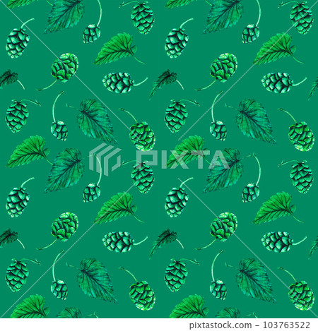 Fresh green hop seamless pattern. Watercolor hand drawn illustration for Octoberfest. Sketch on on a transparent background for ornament or any design 103763522