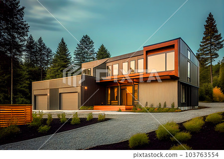 Prefab house on sunset. Modern Suburban Modular house construction. 103763554