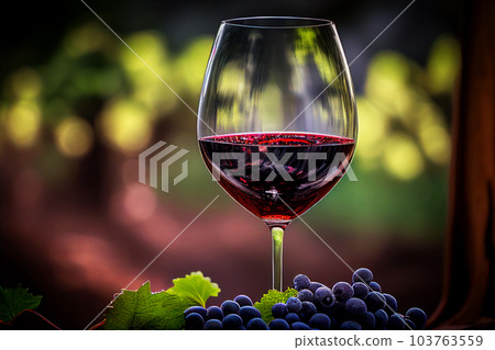 Glass of red wine with vine branches in vineyard. 103763559