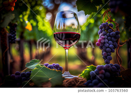 Glass of red wine with vine branches in vineyard. 103763560