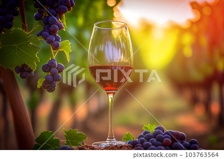 Glass of red wine with vine branches in vineyard. 103763564