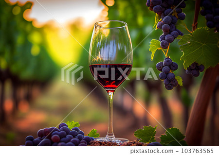 Glass of red wine with vine branches in vineyard. 103763565