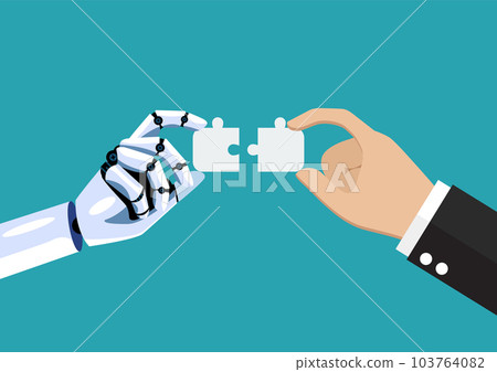 Businessman and AI robot hand connect jigsaw puzzle together 103764082