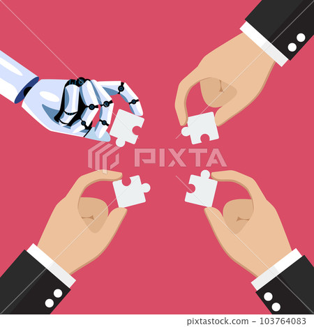 Businessmen and AI robot insert jigsaw pieces together Businessmen and AI robot insert jigsaw pieces together 103764083