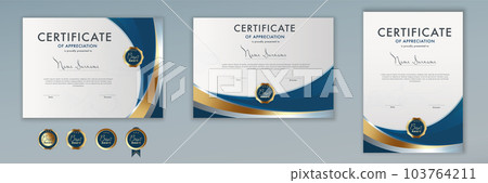Template Certificate Diploma achievement scroll elegant luxury editable blue and gold.Abstract guilloche watermark background.Printing. Graduation - award - honor - Gift certificate 103764211