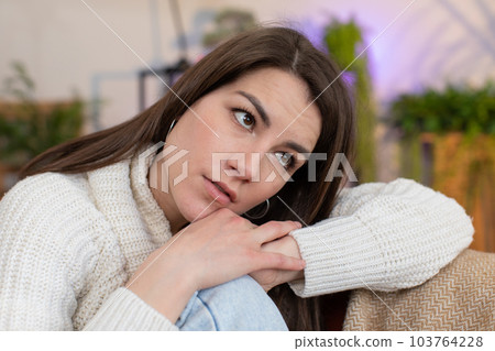 Woman girl at home suffers from unfair situation problem, break up, depressed, feeling bad, burnout 103764228