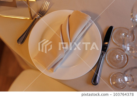 A set of dishes in light pastel colors: a plate, a napkin and cutlery. View from above. 103764378