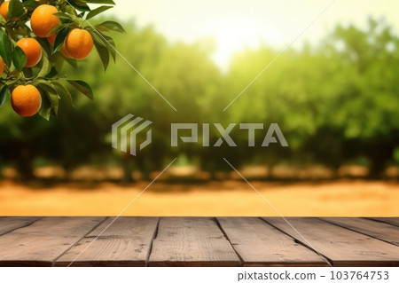 Wooden floor and orange trees covered with orange fruits, Orange field background, AI generated. Wooden floor and orange trees covered with orange fruits, Orange field background, AI generated. 103764753