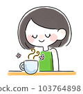 一個女人隨著從杯子裡飄出的香味而放鬆的插圖 103764898