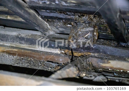 Rain leaks in the attic of an old Japanese house, the ceiling where termites are likely 103765169