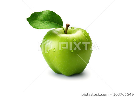 Ripe tasty green apple with leaf isolated on white 103765549