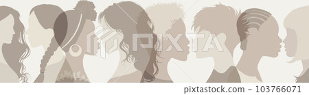 Monochrome side silhouette group multiethnic diversity women and girl who talk.Women social network community.Face head.Communication and sharing female friendship and of diverse culture 103766071