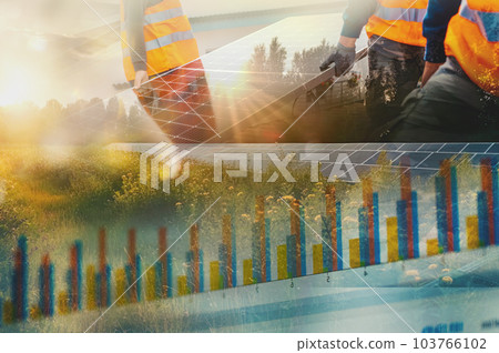 Workers assemble energy system with solar panel for electricity and hot water. Generative AI Workers assemble energy system with solar panel for electricity and hot water. Generative AI 103766102