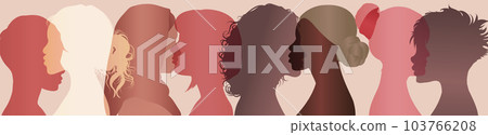 Communication group of multiethnic diversity women and girls face silhouette profile. Female social network community of diverse culture. Talk and share information. Friendship. Speak 103766208