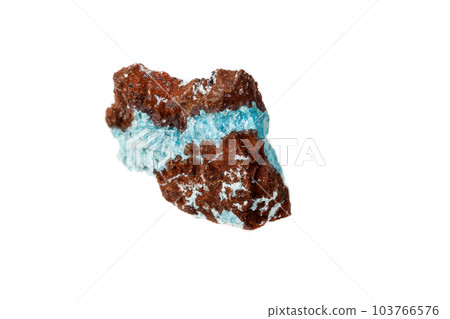 Macro mineral aurichalcite stone on microcline on white background 103766576
