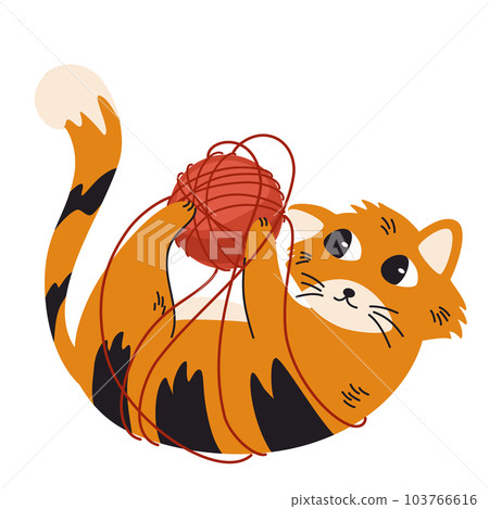 Cat plays with a ball of thread. Happy cute laying on the black cat character with red ball of wool yarn. Funny friendly domestic animal, pet. Vector flat illustration isolated on the white background 103766616