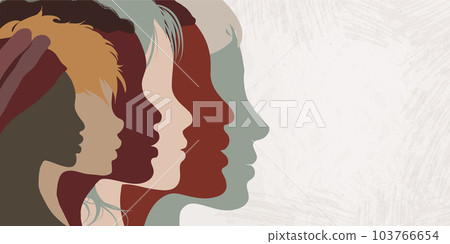 Close up silhouette faces of multicultural multiethnic female profile women.Concept of racial equality anti-racism justice opportunities and allyship. Self-confidence. Banner copy space 103766654