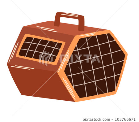 Pet carrier. Plastic carrying case for traveling with pets or visiting veterinarian. Animal transportation box or kennel. Vector flat illustration isolated on the white background. 103766671