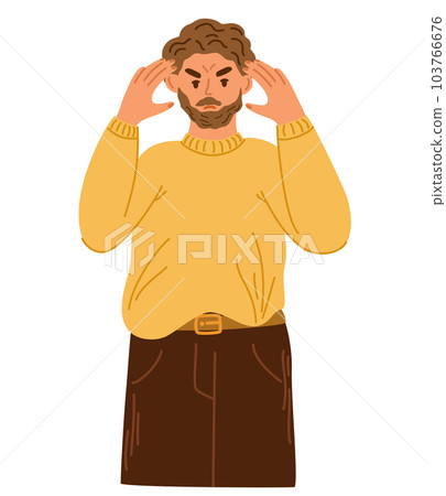 Young man thought. Upset discontented guy with frowned face. Angry anxious man with dissatisfied facial expression. Concept of thinking, decision, business problem. Flat vector illustration. Young man thought. Upset discontented guy with frowned face. Angry anxious man with dissatisfied facial expression. Concept of thinking, decision, business problem. Flat vector illustration. 103766676
