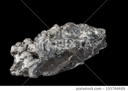 Macro mineral stone Stibnite quartz on a black background 103766689