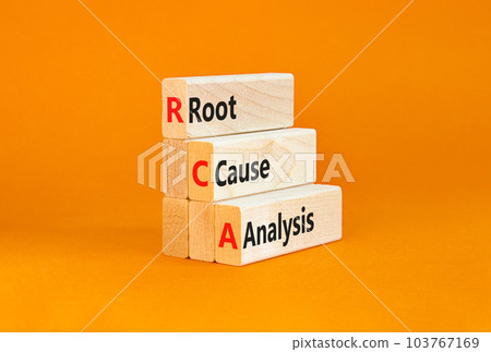 RCA root cause analysis symbol. Concept words RCA root cause analysis on wooden block. Beautiful orange table orange background. Business and RCA root cause analysis concept. Copy space. RCA root cause analysis symbol. Concept words RCA root cause analysis on wooden block. Beautiful orange table orange background. Business and RCA root cause analysis concept. Copy space. 103767169