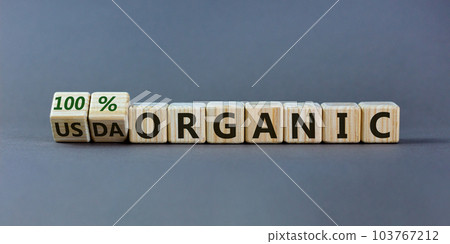 100 percent organic symbol. Fliped wooden cubes and changed words USDA organic to 100 percent organic. Beautiful grey background, copy space. Business, healthy lifestyle 100 percent organic concept. 100 percent organic symbol. Fliped wooden cubes and changed words USDA organic to 100 percent organic. Beautiful grey background, copy space. Business, healthy lifestyle 100 percent organic concept. 103767212