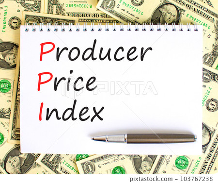 PPI Producer price index symbol. Concept words PPI Producer price index on white note. Dollar bills. Beautiful background from dollar bills. Business and PPI Producer price index concept. Copy space. 103767238
