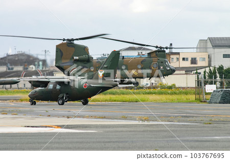 Ground Self-Defense Force helicopter CH-47J taking off and reconnaissance aircraft LR-1 moving Ground Self-Defense Force helicopter CH-47J taking off and reconnaissance aircraft LR-1 moving 103767695