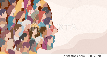 Woman face silhouette in profile with group of multicultural and multiethnic women faces inside.Concept of racial equality anti-racism and a woman who gives voice to other women. Allyship 103767819