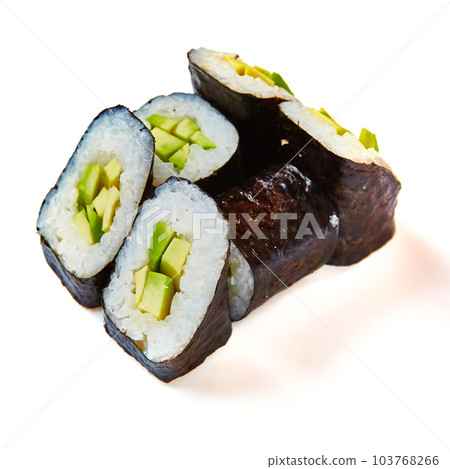 Japanese cuisine. Sushi roll with avocado on white background 103768266