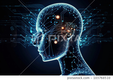 Artificial intelligence in a cyborg head with glowing eyes and a digital brain, analyzing big data and learning. Futuristic technology concept. AI Generative. 103768510