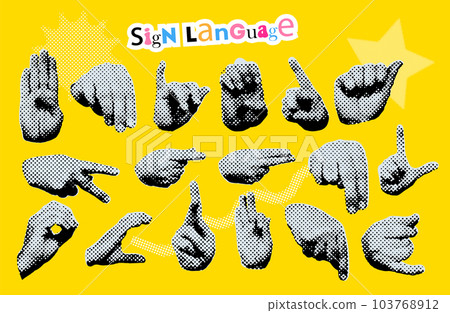 Set of Trendy 90s style abstract grunge hands showing sign language gextured. Halftone dotted vector illustration. Set of Trendy 90s style abstract grunge hands showing sign language gextured. Halftone dotted vector illustration. 103768912