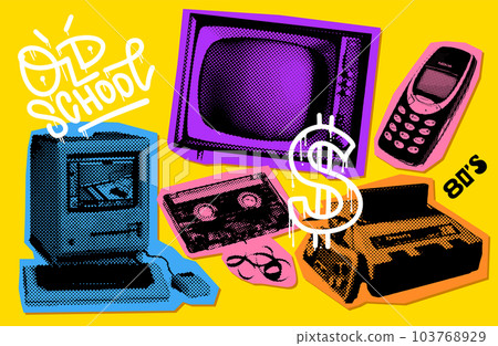 90s - Y2K Collage mouth set with grunge vintage electronic elements - mobile phone, tv, game console, music cassette. Halftone effect Vector illustration 90s - Y2K Collage mouth set with grunge vintage electronic elements - mobile phone, tv, game console, music cassette. Halftone effect Vector illustration 103768929
