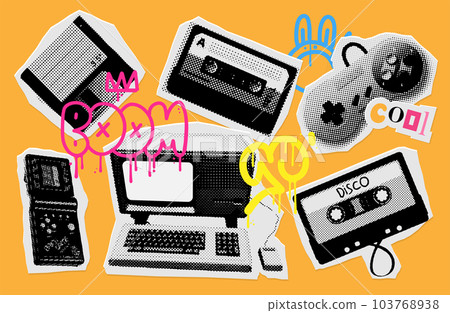 90s Retro electronics in halftone treatment. Collage elements in trendy dotted y2k style. Vector illustration with vintage grunge punk cutout shapes. Black grunge audio cassette, floppy disc, PC 90s Retro electronics in halftone treatment. Collage elements in trendy dotted y2k style. Vector illustration with vintage grunge punk cutout shapes. Black grunge audio cassette, floppy disc, PC 103768938