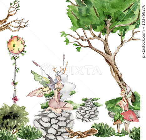 Composition with forest fairy, green tree and bushes . Watercolor hand drawn illustration . Perfect for greeting card, poster, wedding invitation, party decor. 103769276