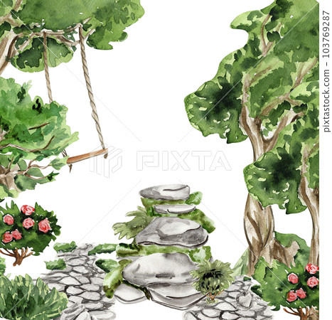 Composition with forest fairy, green tree and bushes . Watercolor hand drawn illustration . Perfect for greeting card, poster, wedding invitation, party decor. Composition with forest fairy, green tree and bushes . Watercolor hand drawn illustration . Perfect for greeting card, poster, wedding invitation, party decor. 103769287