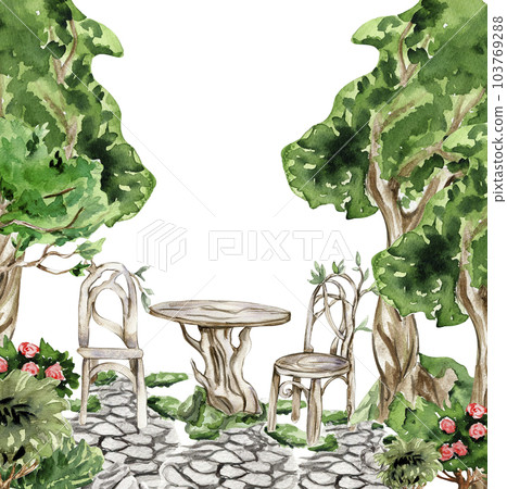 Composition with forest fairy, green tree and bushes . Watercolor hand drawn illustration . Perfect for greeting card, poster, wedding invitation, party decor. Composition with forest fairy, green tree and bushes . Watercolor hand drawn illustration . Perfect for greeting card, poster, wedding invitation, party decor. 103769288