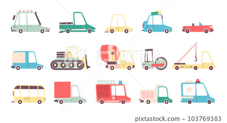 Kids transport collection. Cartoon childish vehicles for transportation, flat colorful auto transport, truck and bus icons. Vector isolated set Kids transport collection. Cartoon childish vehicles for transportation, flat colorful auto transport, truck and bus icons. Vector isolated set 103769383