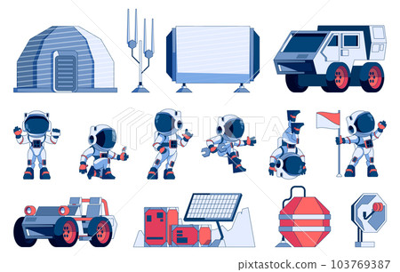 Astronaut and rover collection. Cartoon space exploration machines, shuttle spaceship and mars rover, weightlessness and universe colonization. Vector set 103769387