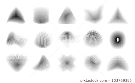 Halftone shapes. Abstract linear dot pattern, perspective geometric figures and forms, abstract mosaic objects for wallpaper design. Vector isolated collection 103769395