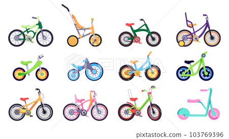 Cartoon kids bicycle. Colorful teen and child cycle, boy and girl bike with basket, different types of colorful bicycle transport. Vector isolated set 103769396