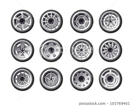 Cartoon car wheels. Round car wheels with tyre rubber and rims, automobile cast, steel, light alloy and aluminum wheels. Vector isolated set 103769401