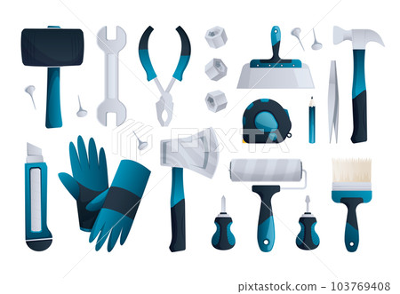 Construction repair tools. Flat screwdriver wrench hammer pliers brush, technical building instruments for home and office. Vector isolated set Construction repair tools. Flat screwdriver wrench hammer pliers brush, technical building instruments for home and office. Vector isolated set 103769408