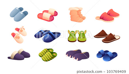 Home shoes. Cartoon flat domestic foot wear, fluffy slipper and cozy shoes, trendy stylish comfort footwear. Vector isolated collection 103769409