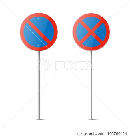 Vector Blue and Red Round Prohibition Sign Icon Set - Parking Prohibited, Stopping Prohibited Sign Frame Set Closeup Isolated. Traffic Road Plate, Sign Design Template, Front View 103769424