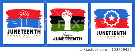 Juneteenth Freedom day greeting cards. Textured Red and Blue Flag with raised clenched arms and Junetennth star. National African American Independence Day, emancipation day. Vector illustrations 103769425
