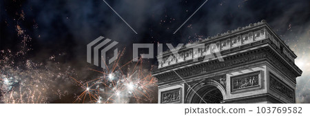 Celebratory colorful fireworks over the Arc de Triomphe, Paris, France Celebratory colorful fireworks over the Arc de Triomphe, Paris, France 103769582