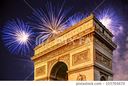 Celebratory colorful fireworks over the Arc de Triomphe, Paris, France 103769870
