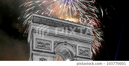 Celebratory colorful fireworks over the Arc de Triomphe, Paris, France 103770001